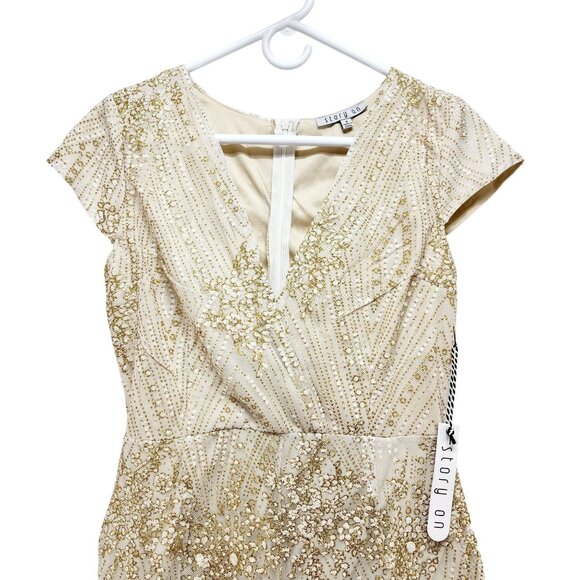 Sequin Womens Embellished Cream & Gold Short Sleeve Romper By Story On - Size S - Picture 6 of 11
